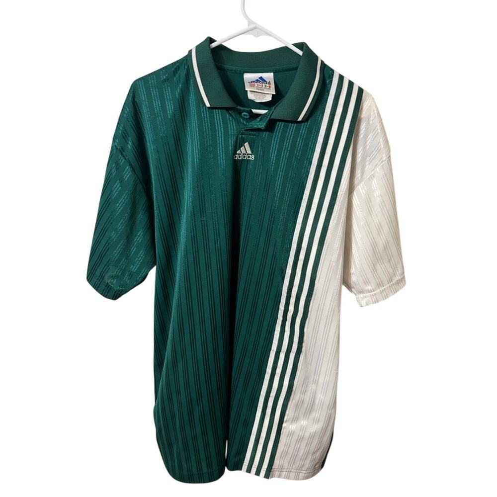 Vintage Made in USA Adidas Men's Stitched Striped Green and White Jersey 90s XL